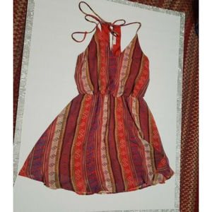 LUSH Boho Red‎ Blue Aztec Spaghetti Strap Racerback Mini Swing Dress Flowy Small